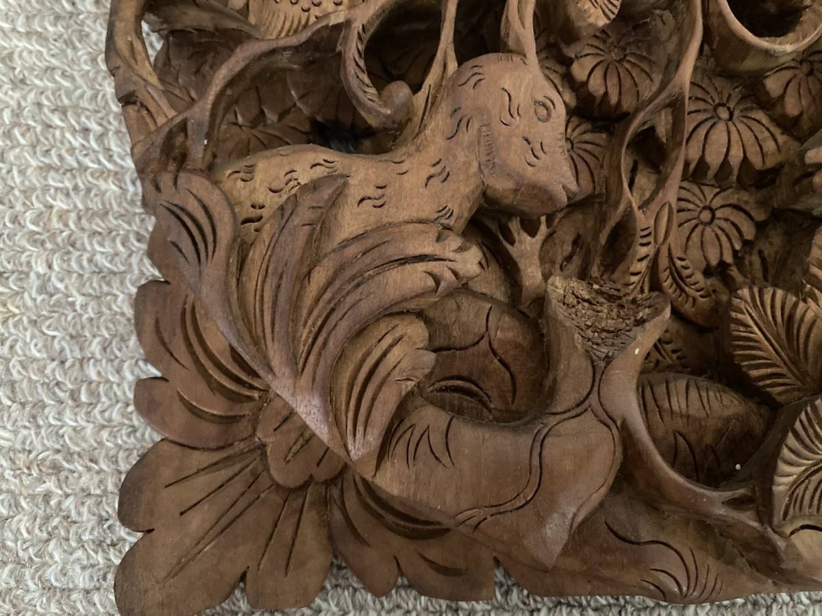 木彫り細工 技巧 木彫 鳥 鹿 壁掛 天然木 珍品_左下