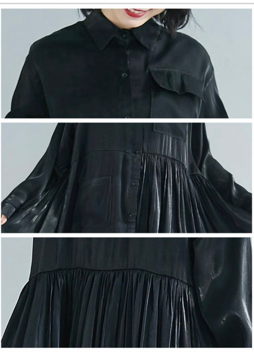 ☆長袖 ロングワンピース メタリック ブラック プリーツスカート フリーサイズ かっこい キラキラ  シャツワンピース