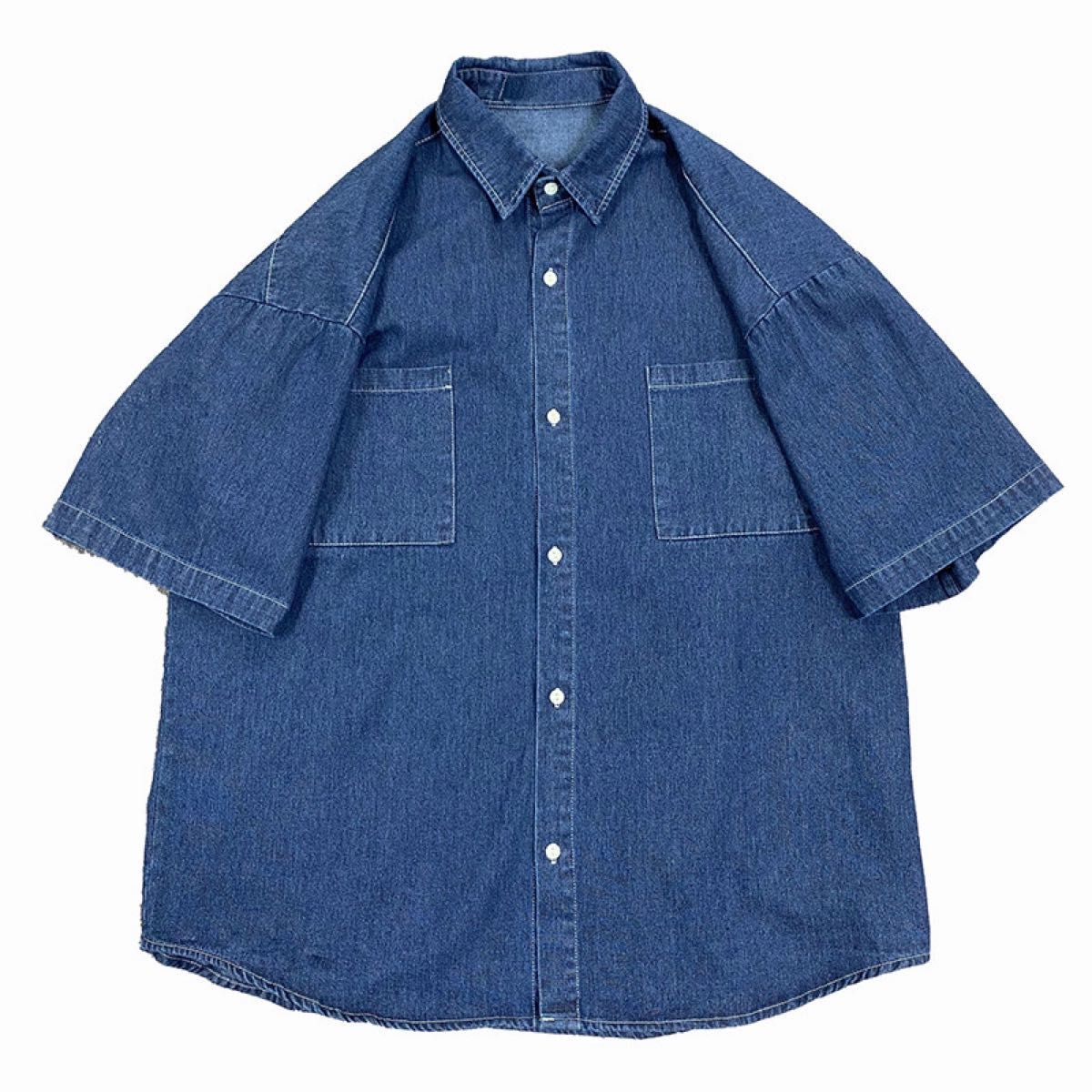 【000511M】ビッグシルエット デニム 半袖 シャツ ブルー Mサイズ 新品 オーバーサイズ 半袖シャツ 素材 ビンテージ