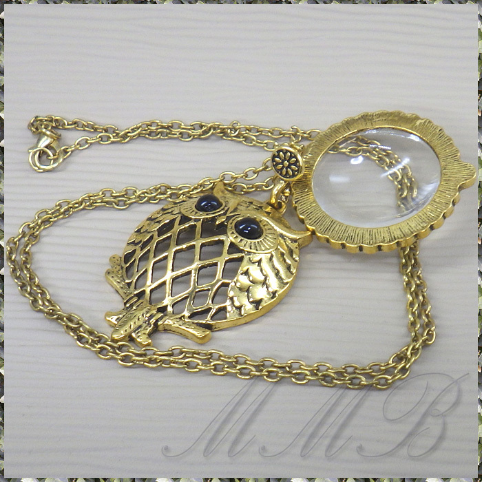 [PENDANT NECKLACE] Vintage Magnifier Glass ヴィンテージ 虫眼鏡 老眼鏡 拡大ルーペ レンズ ペンダント ネックレス フクロウ【送料無料】_画像3