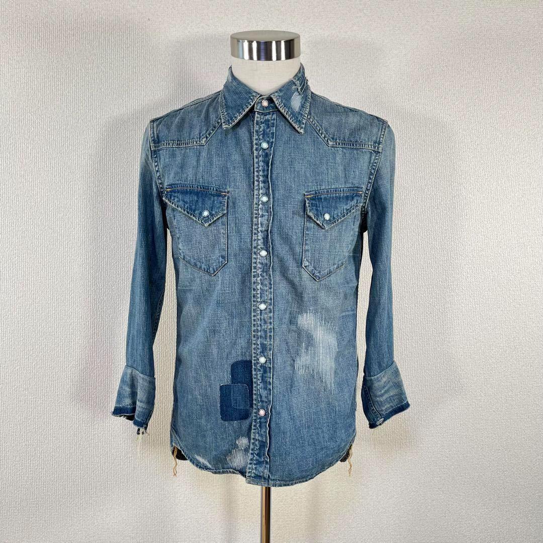 美品】レミレリーフ デニム シャツ クラッシュ&リペア加工 美品】レミレリーフ デニム シャツ クラッシュ&リペア加工