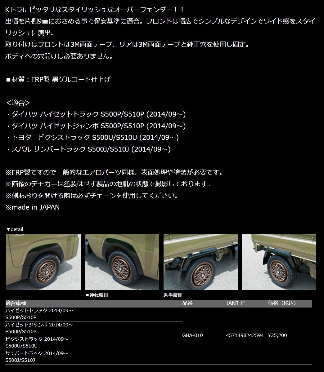 日本製 車検対応 G'BASE トヨタ ピクシストラック S500U/S510U スタイリッシュオーバーフェンダー(GHA-010)_画像9