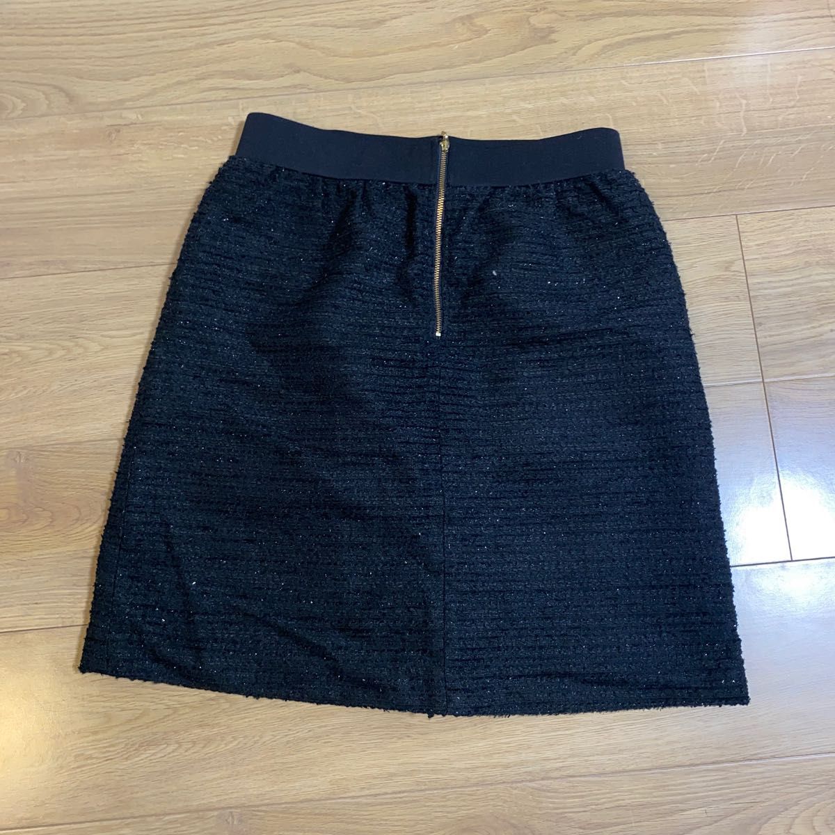 韓国 フリル リボン 膝丈 フレア スカート ブラック ツイードスカート