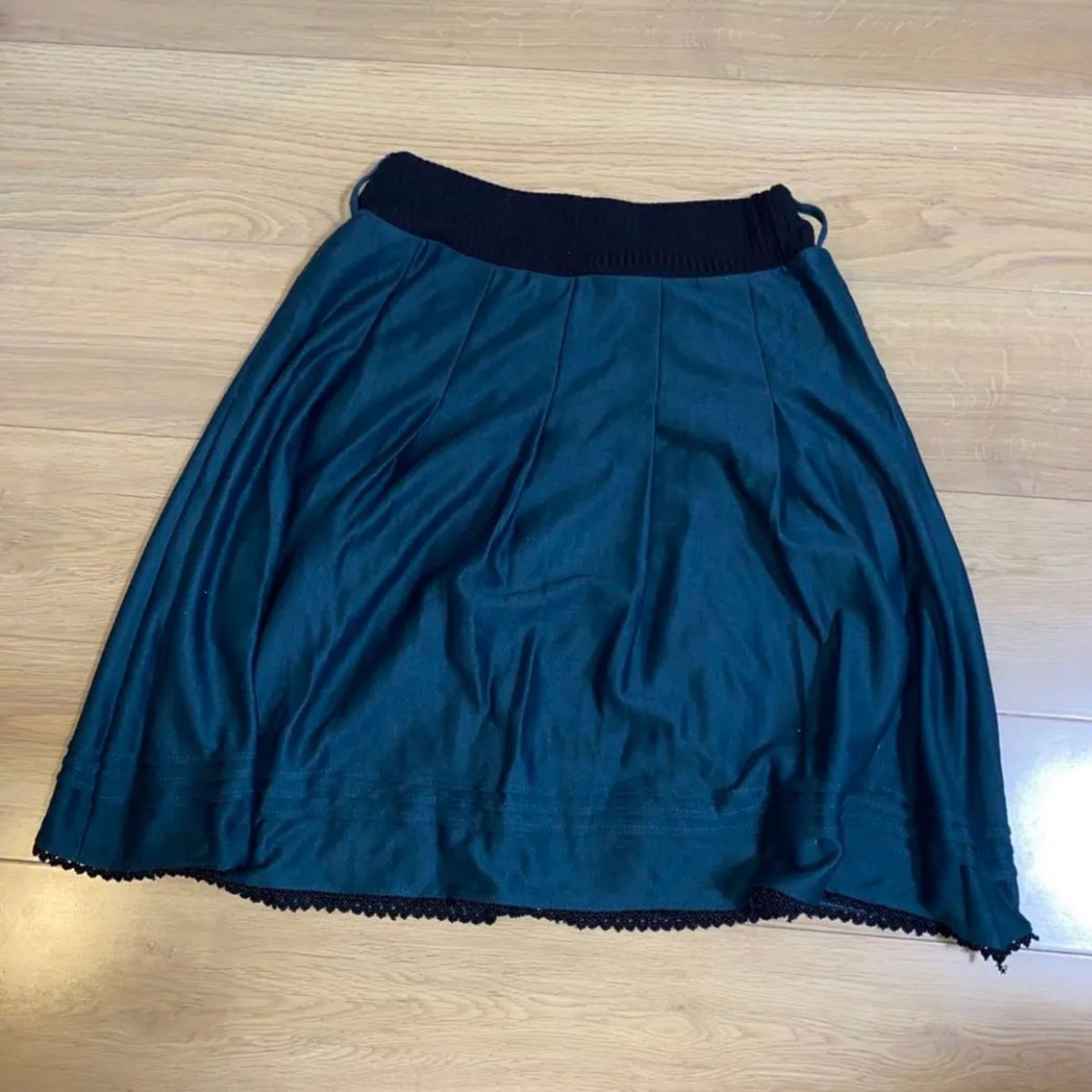 韓国 フリル リボン 膝丈 フレア スカート グリーン 緑 フレアスカート