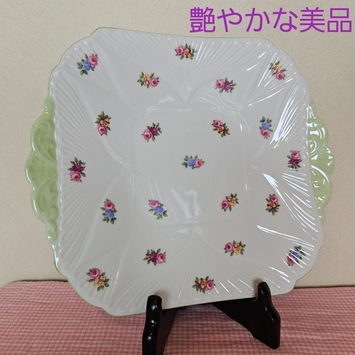 レア Shelley グリーントリム ピンクローズ パンジー ケーキプレート 美品-