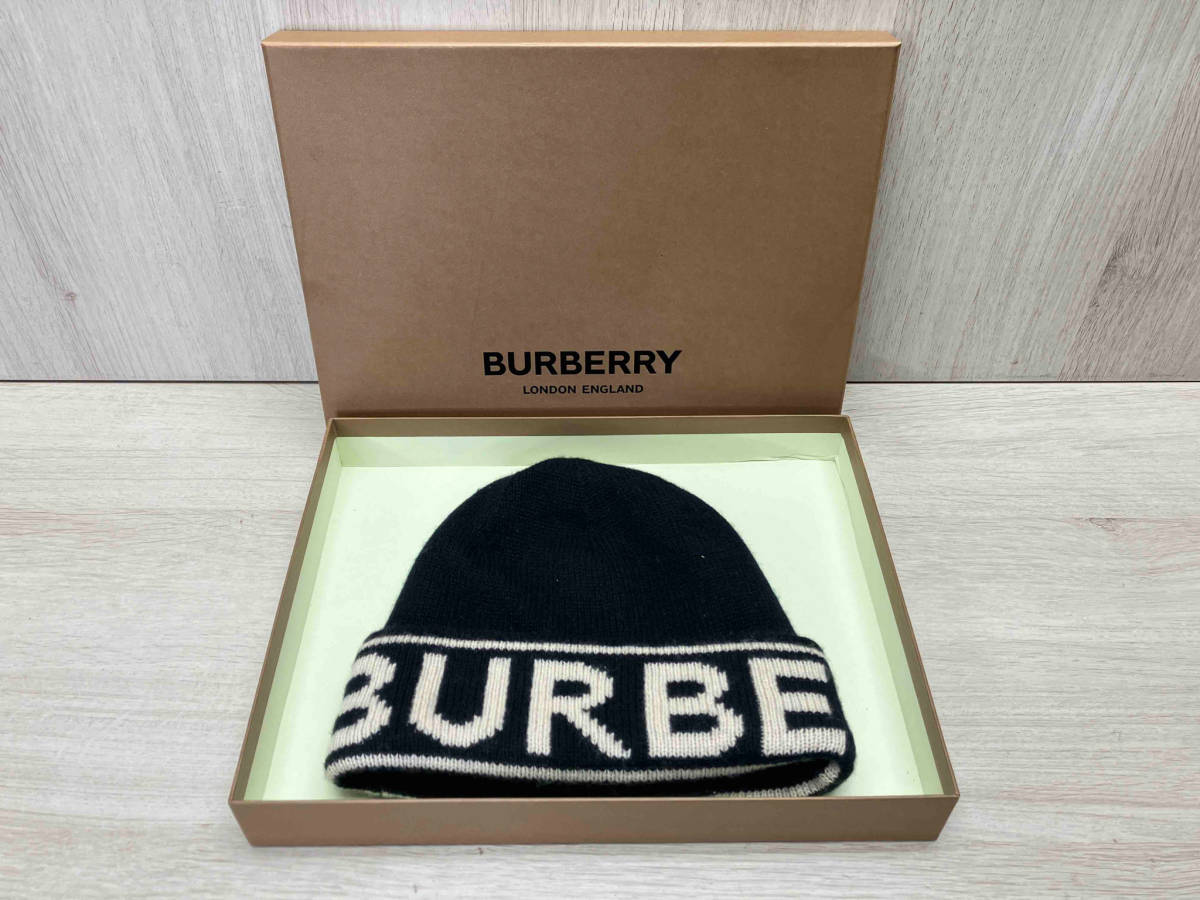 本物 BURBERRY LONDON 黒 54〜61cm ニット帽 ロゴ カシミヤ１００