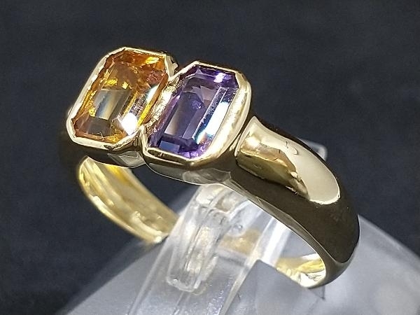 K18 18金 YG イエロー パープル 黄色紫石 デザイン リング 指輪 イエローゴールド 3.4g #11 店舗受取可_画像1