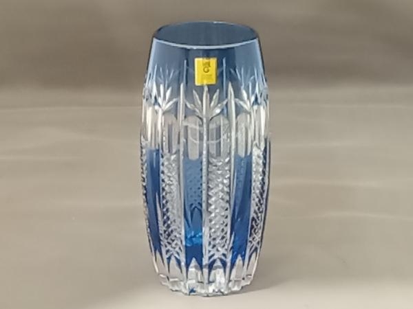 【美品】KAGAMI CRISTAL カガミクリスタル/江戸切子/切子花瓶/ブルー/色被硝子/花器/フラワーベース/高さ:15.3cm