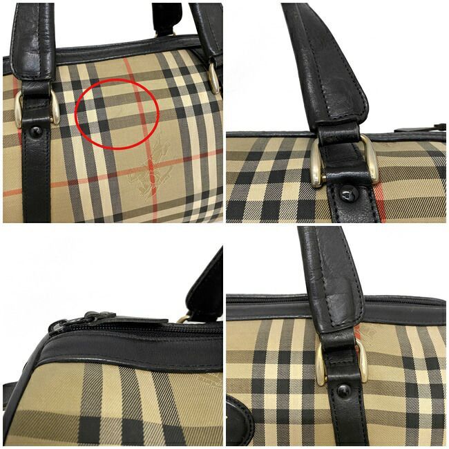  Burberry сумка "Boston bag" бежевый черный проверка Vintage проверка легкий парусина кожа б/у 