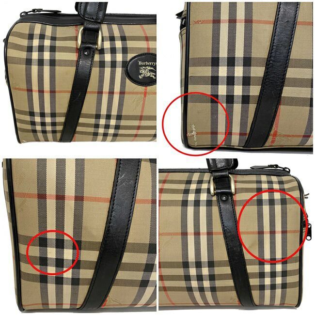  Burberry сумка "Boston bag" бежевый черный проверка Vintage проверка легкий парусина кожа б/у 