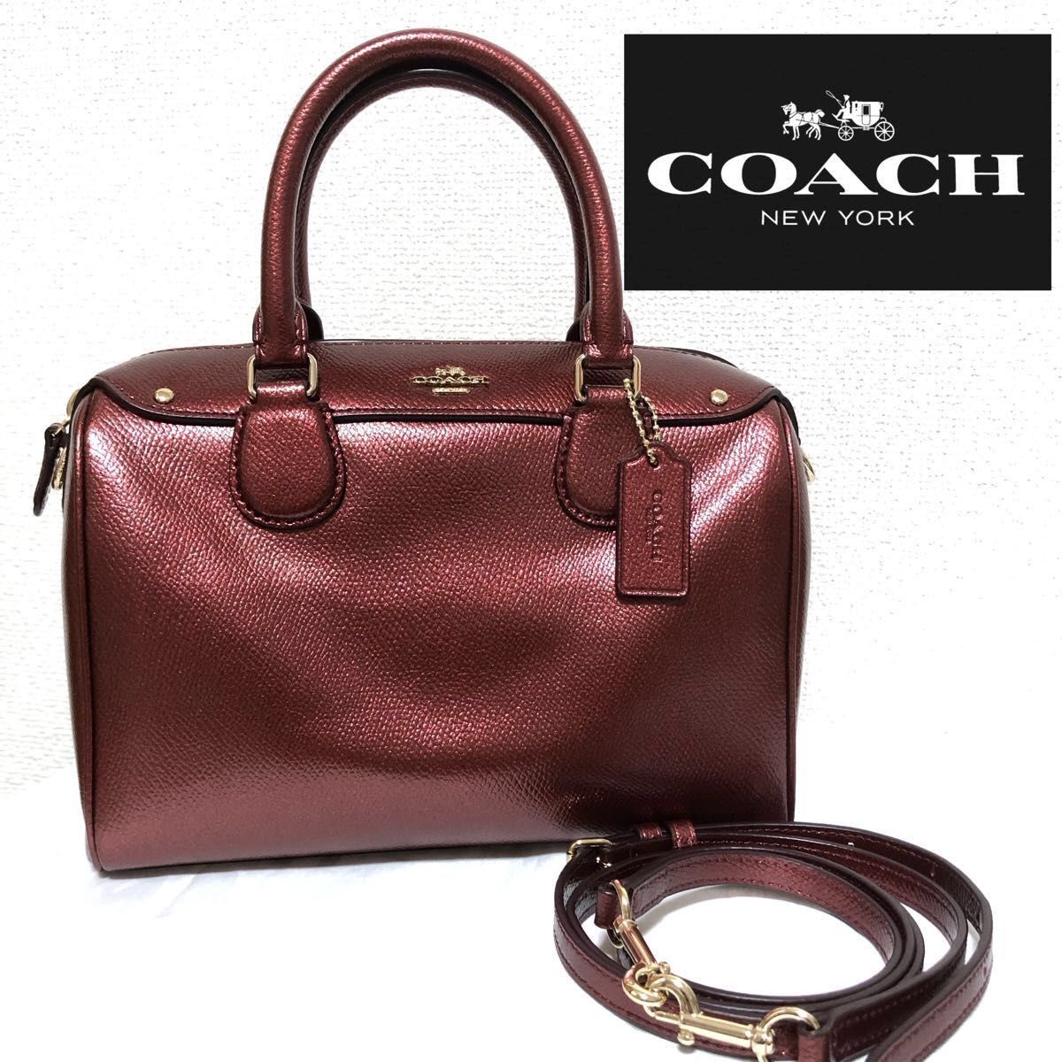 【再値下げ】極美品 COACH レザー 2way ハンドバッグ ショルダーバッグ メタリック ボルドー 秋色