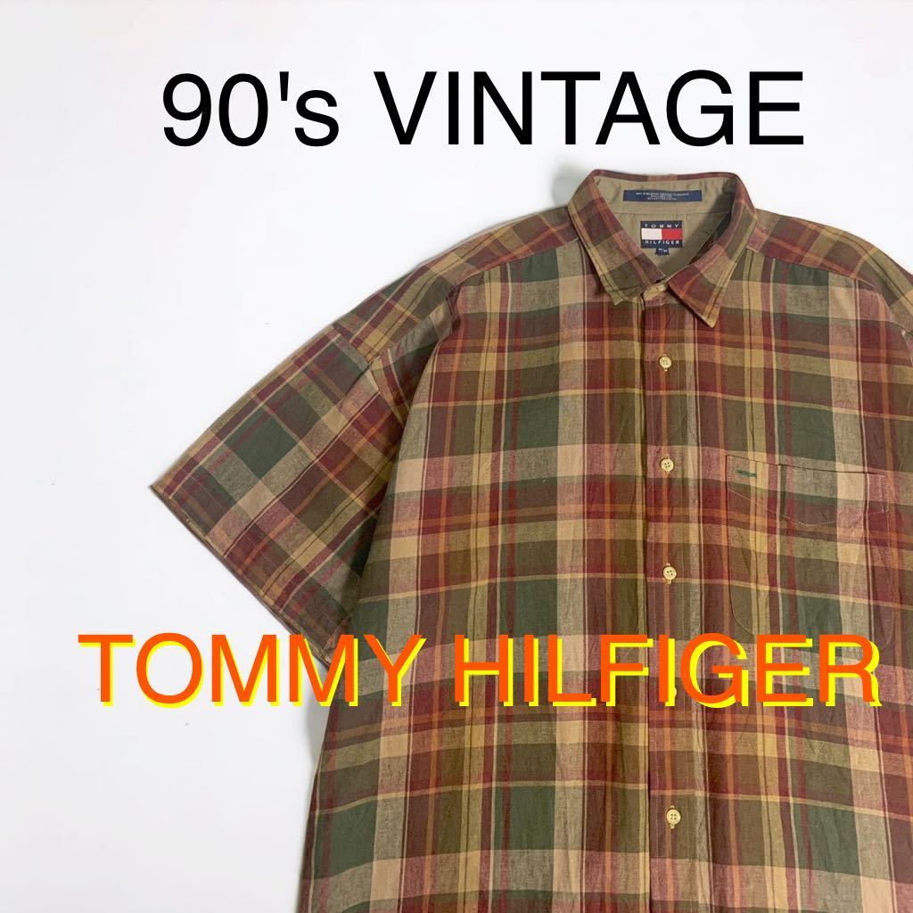 90's VINTAGE クレスト刺繍 TOMMY HILFIGER 麻×綿 半袖シャツ チェック柄 チェックシャツ トミー ヒルフィガー リネン 90年代 ビンテージ
