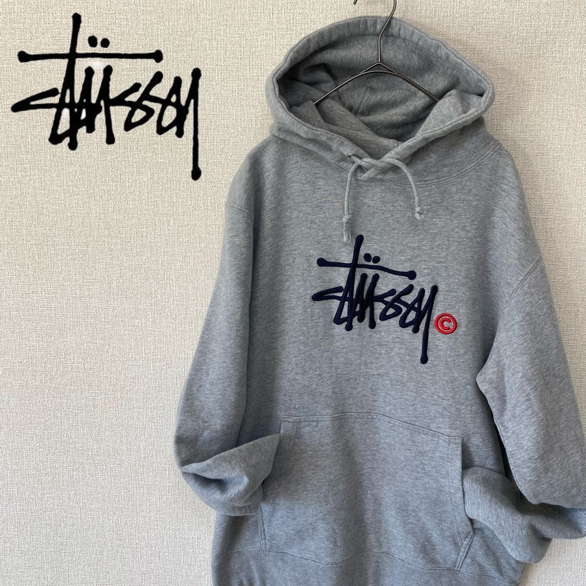 STUSSY/ステューシー　プルオーバーパーカー　スウェット　ゴツ刺繍ロゴ　フード刺繍　ユニセックス　M 古着