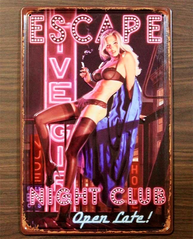 セクシーガール ESCAPE NIGHT CLUB ミニサイズ エンボス加工 レトロ調 メタルプレート メタルサイン ブリキ看板_画像2