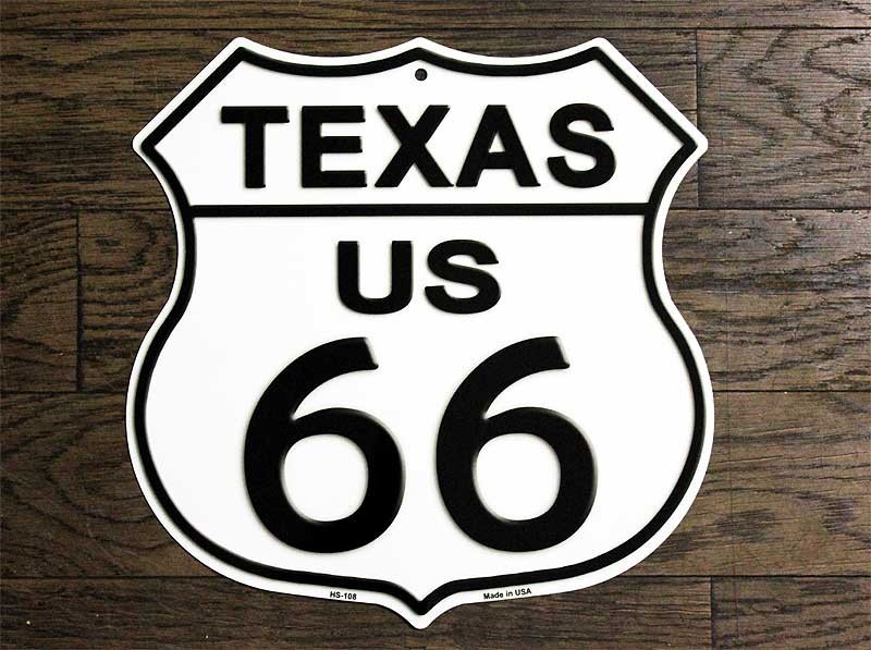ルート６６ 雑貨 標識型 テキサス州 フラットタイプ トラフィックサイン メタルプレート アメリカンブリキ看板_画像1