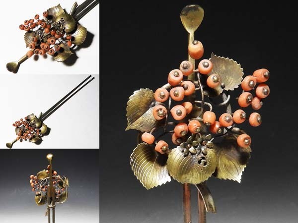 【桃】アンティーク髪飾り：金工銀製珊瑚なんの花簪