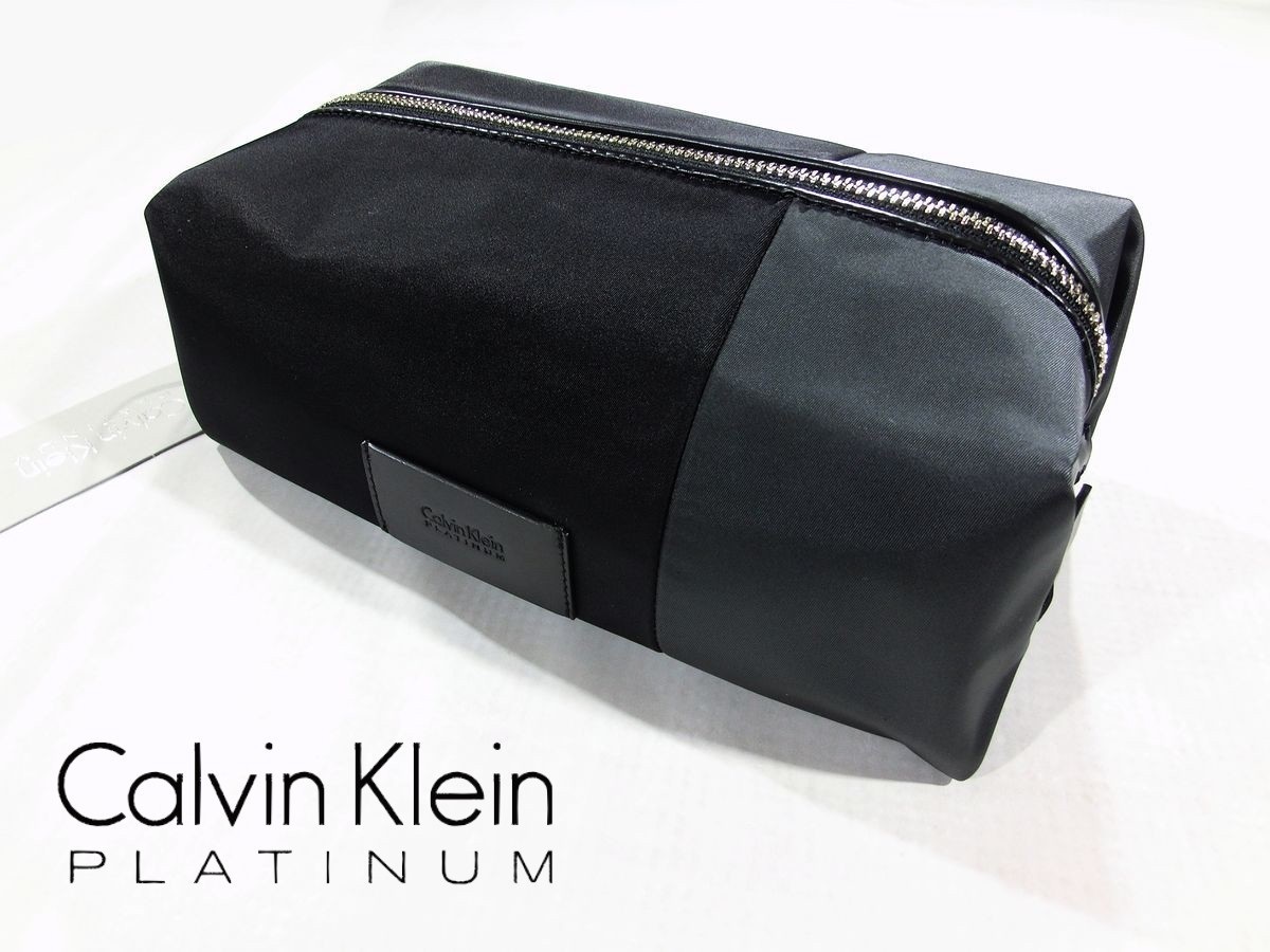 ■D19 新品 定価14,300円 Calvin Klein PLATINUM カルバンクライン プラティナム ツートーンカラー　ポーチ　黒×グレー　66ナイロン素材_画像1