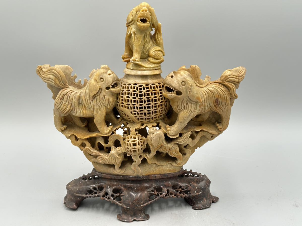 中国 砡彫獣香炉置物 約19cm 寿山石 砡細工 緻密彫刻 香炉 獅子 古玩