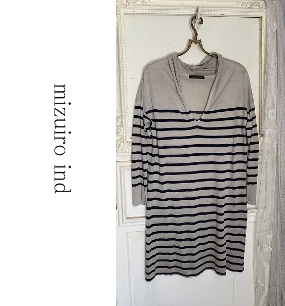 ミズイロインド mizuiro-ind 　ボーダーニット ルーズネック ドルマン袖 ワンピース ベージュ×ブラック 日本製 _画像1