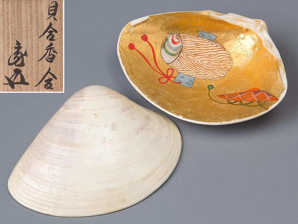 五】貝合わせ 香合 手描彩色 裏千家 鵬雲斎 箱書(山水、風月)|売買