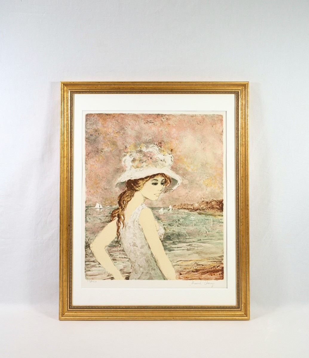 真作 ベルナール・シャロワ 1986年リトグラフ「海辺の少女」画45×54cm 仏人作家 温かな芸術性 愛くるしい表情と気品持つパリジェンヌ 7886