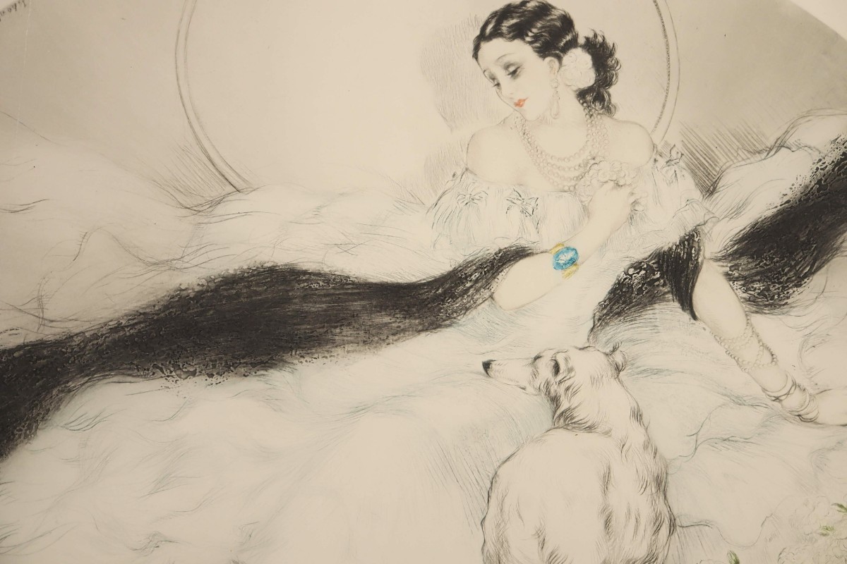 真作 ルイ・イカール 1927年銅版画「椿姫」画寸52cm×42cm 妖艶な魅力を複雑な技巧に手彩色を加え生き生きとした圧倒的迫力と芸術性 7930_画像3