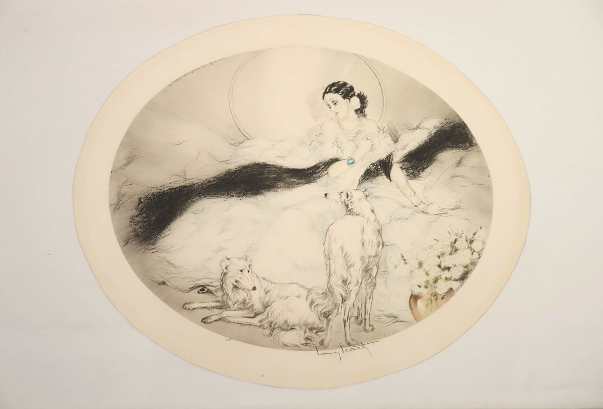 真作 ルイ・イカール 1927年銅版画「椿姫」画寸52cm×42cm 妖艶な魅力を複雑な技巧に手彩色を加え生き生きとした圧倒的迫力と芸術性 7930_画像2