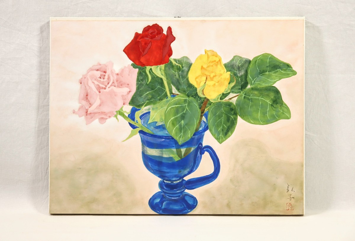 真作 酒井弘子 日本画「薔薇」画寸 41cm×32cm 6号 奈良県出身 日本美術院院友 横山操に師事 淡い背景色に瑞々しいバラの花を描く 7932_画像2