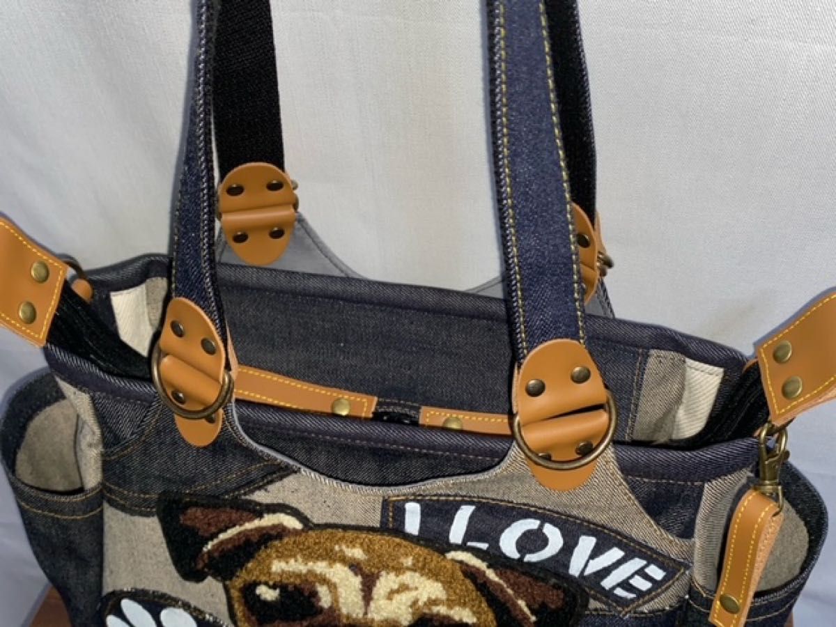 ☆ハンドメイド☆岡山デニム&ステンシル☆特大ワッペン☆パグ☆4wayあおりバッグ