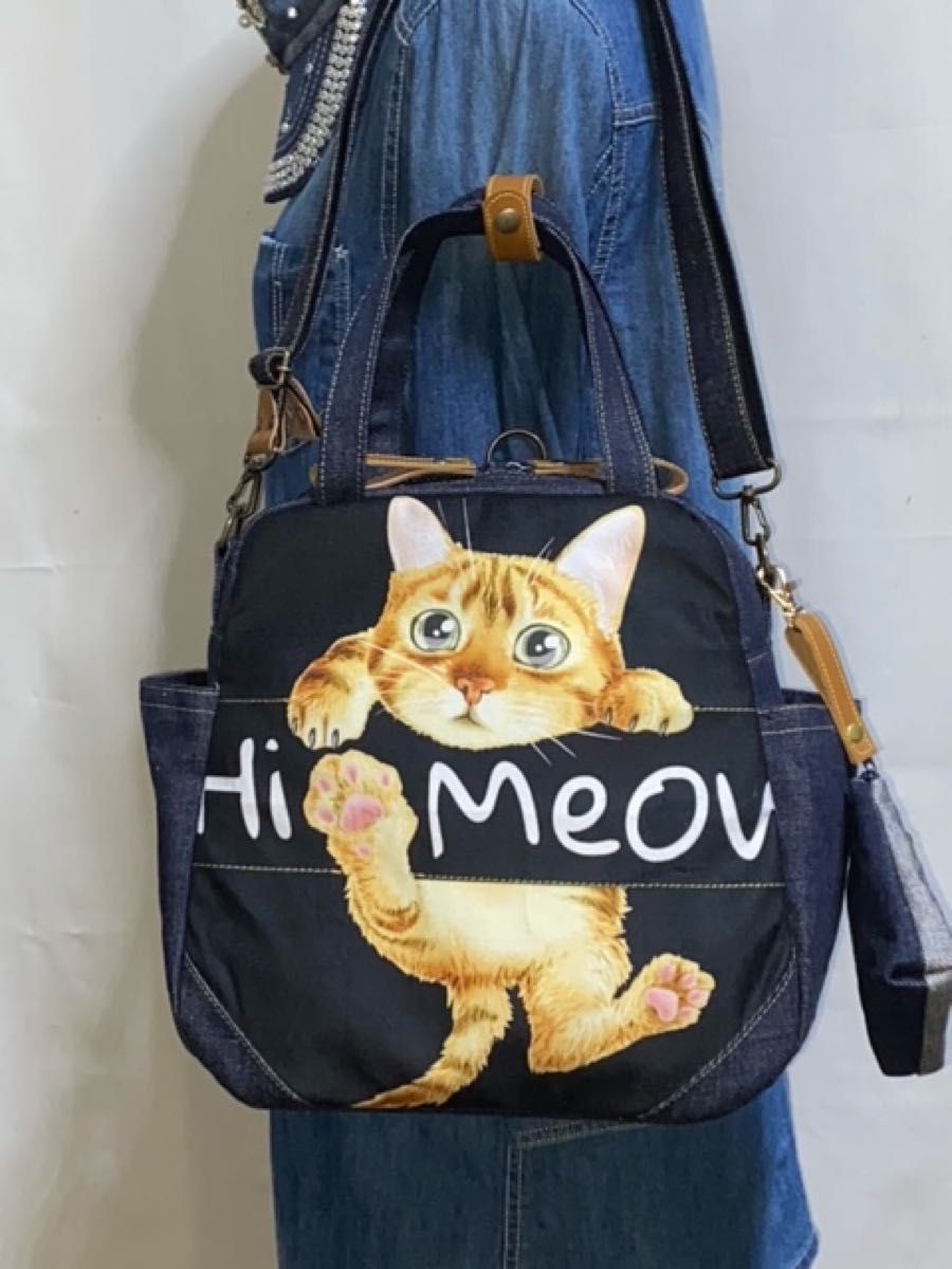 ☆岡山デニム☆ステンシル☆ぶら下がりネコ☆猫☆4wayボストンバッグ