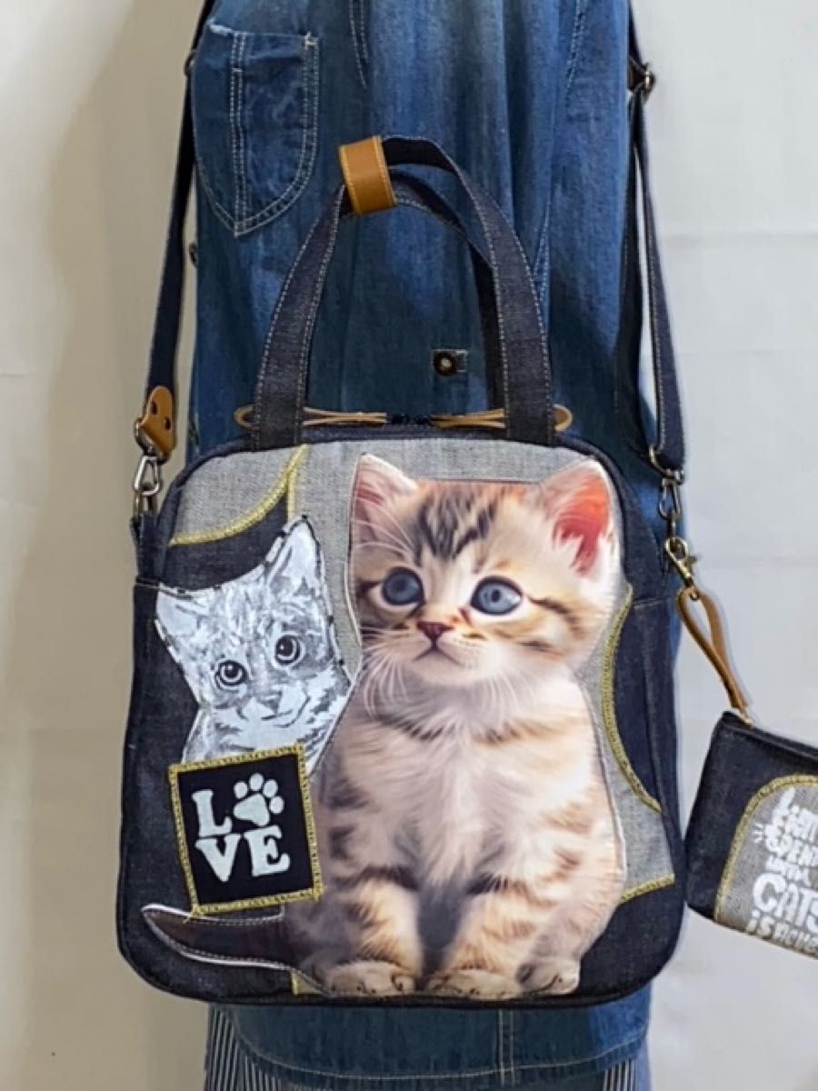 お値下げ☆ハンドメイド☆岡山デニム☆リアル☆トラ猫☆子猫☆4wayボストンバッグ