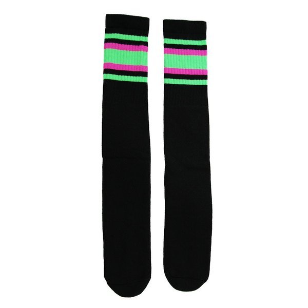 SkaterSocks ロングソックス 靴下 ソックス スケボー Knee high Black tube socks with Neon Green-Hot Pink stripes style 4 (25インチ)_画像1