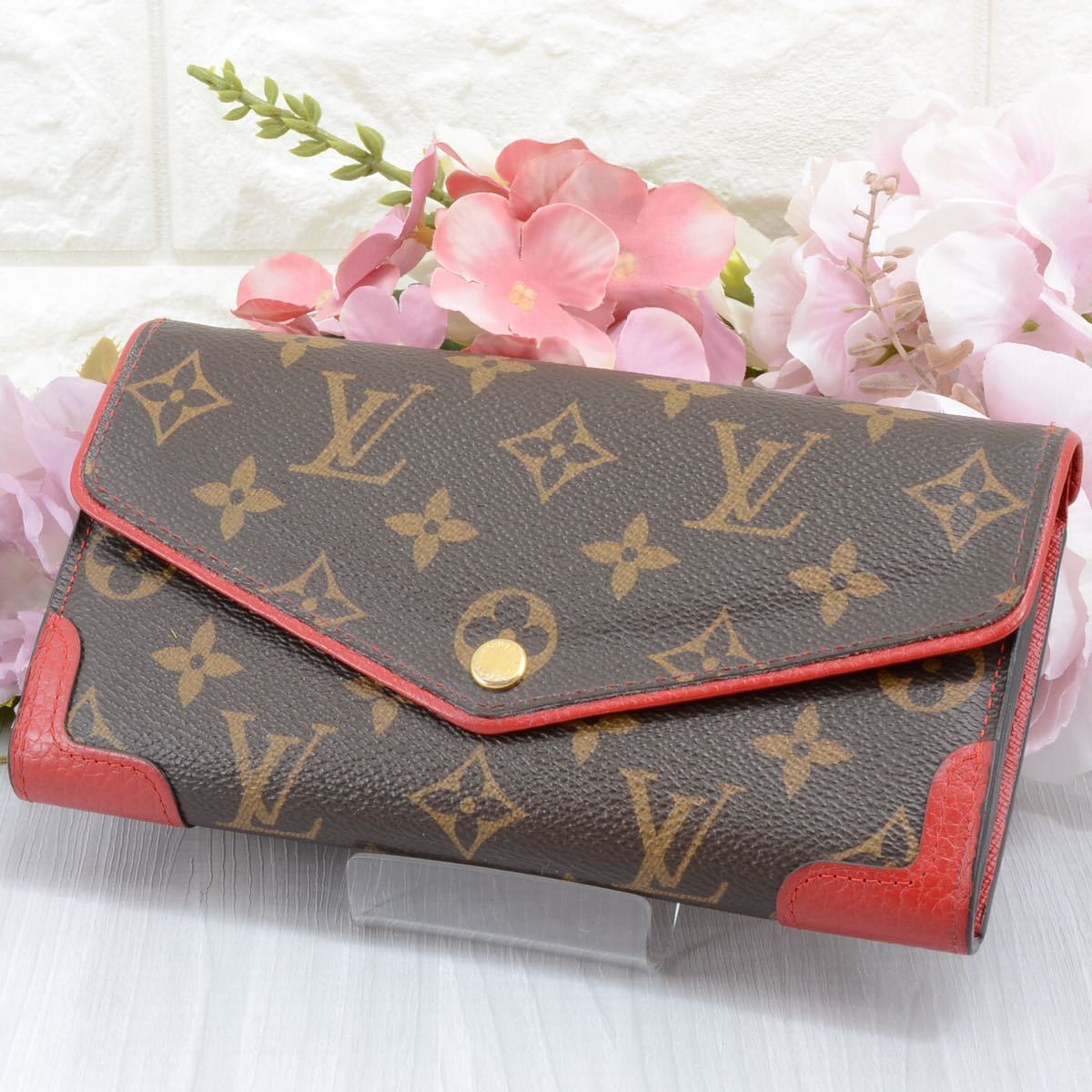 ◆美品◆Louis Vuitton ルイヴィトン ポルトフォイユサラ レティーロ 長財布 モノグラム 二つ折り長財布 ウォレット ブラウン×レッド_画像1