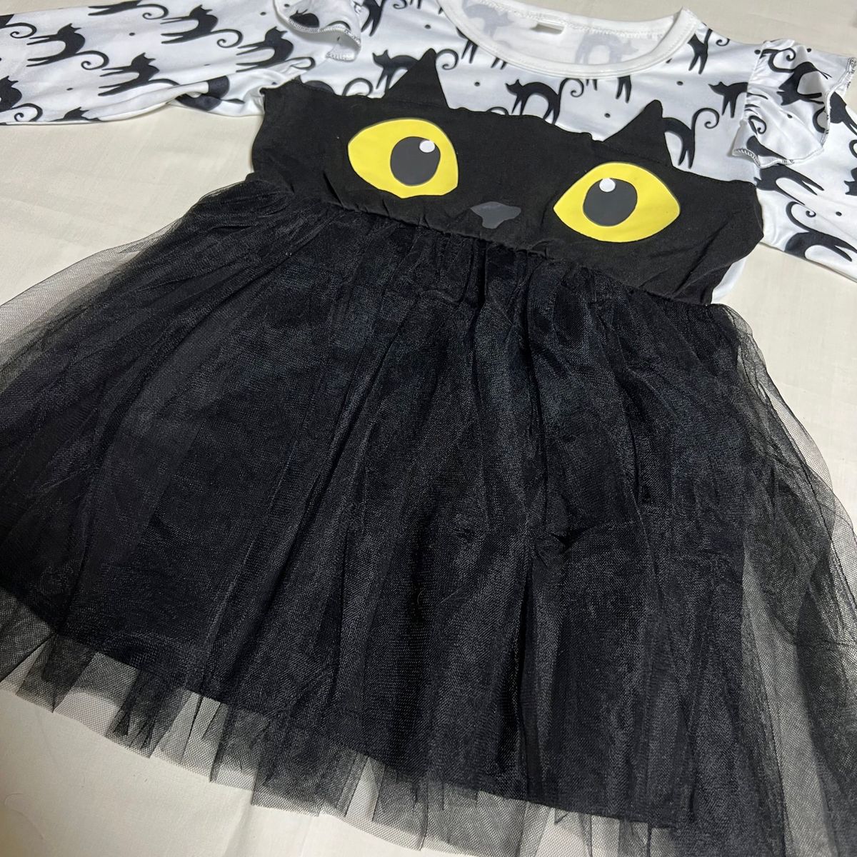 ハロウィン 女の子 キッズ 90 ネコ ねこ 衣装 チュールスカート ワンピース　長袖ワンピ　仮装　かわいい　ねこワンピース