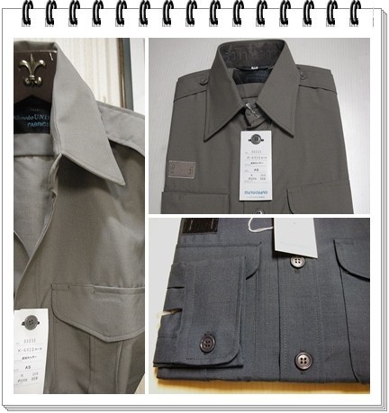 ジャンク市☆毛混薄地スチールグレイ steel gray長袖作業シャツ (日本製)-YS_個性的エポーレットデザイン