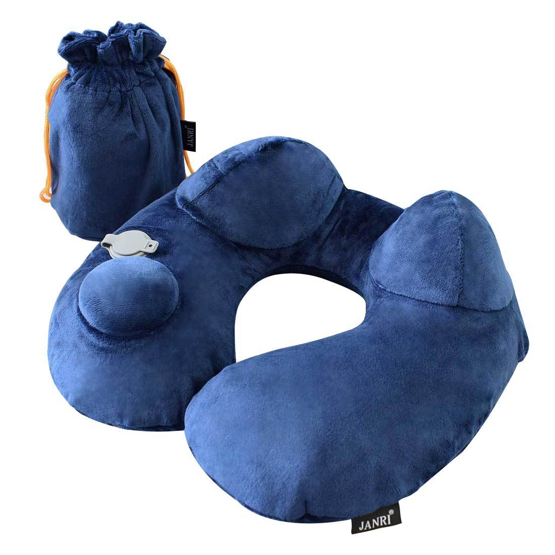 ネックピロー U型 手動プレス式膨らませる 洗える 携帯枕 エアーピロー 旅行用　青色_画像1