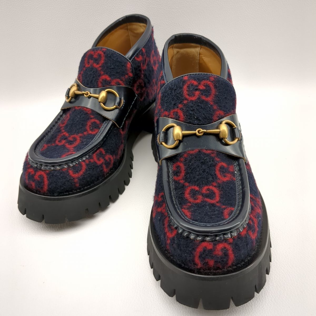 GUCCI 598315 wool hose bit Loafer navy GG pattern SIZE 5 1/2 Bee embroidery ankle boots men's Gucci bee bee *3109/. bamboo shop 