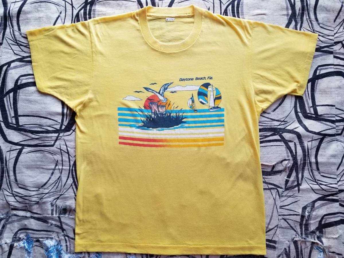 USA製 80s 90s ビンテージ オリジナル SCREEN STARS Daytona Beach Florida オールドサーフ シングルステッチ 染み込み プリント Tシャツ L_画像2