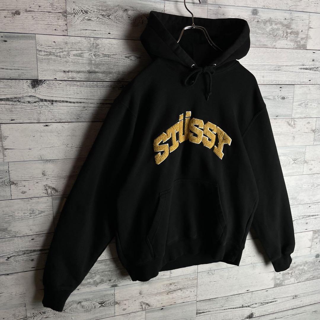 人気】stussy ステューシー☆アーチ刺繍ロゴ スウェットパーカー 黒 L-