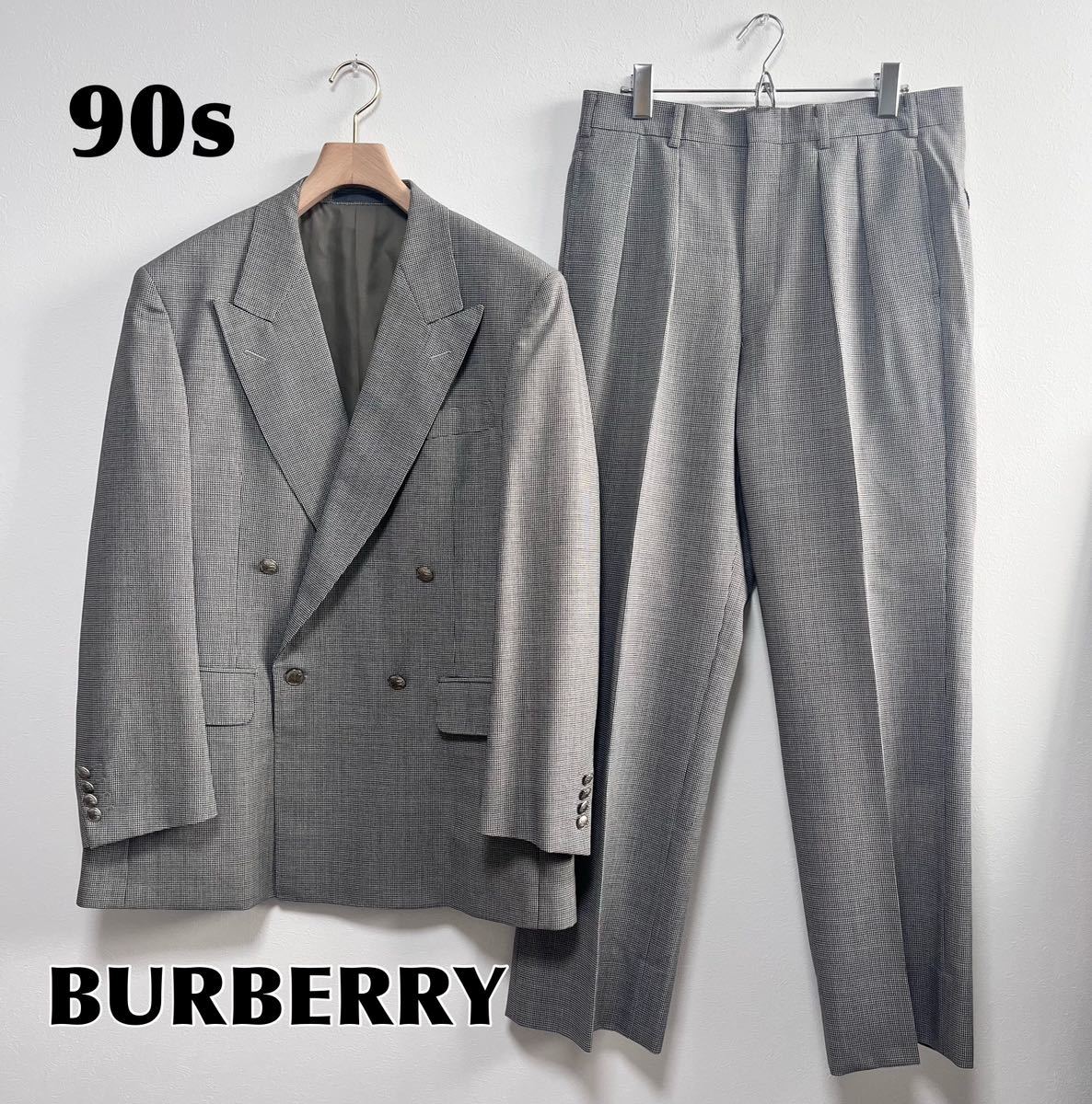 80s 90s バーバリー　BURBERRY スーツ　セットアップ　ダブルブレスト　ホースロゴ 銀ボタン グレー ダブルジャケット　格子　モヘヤ