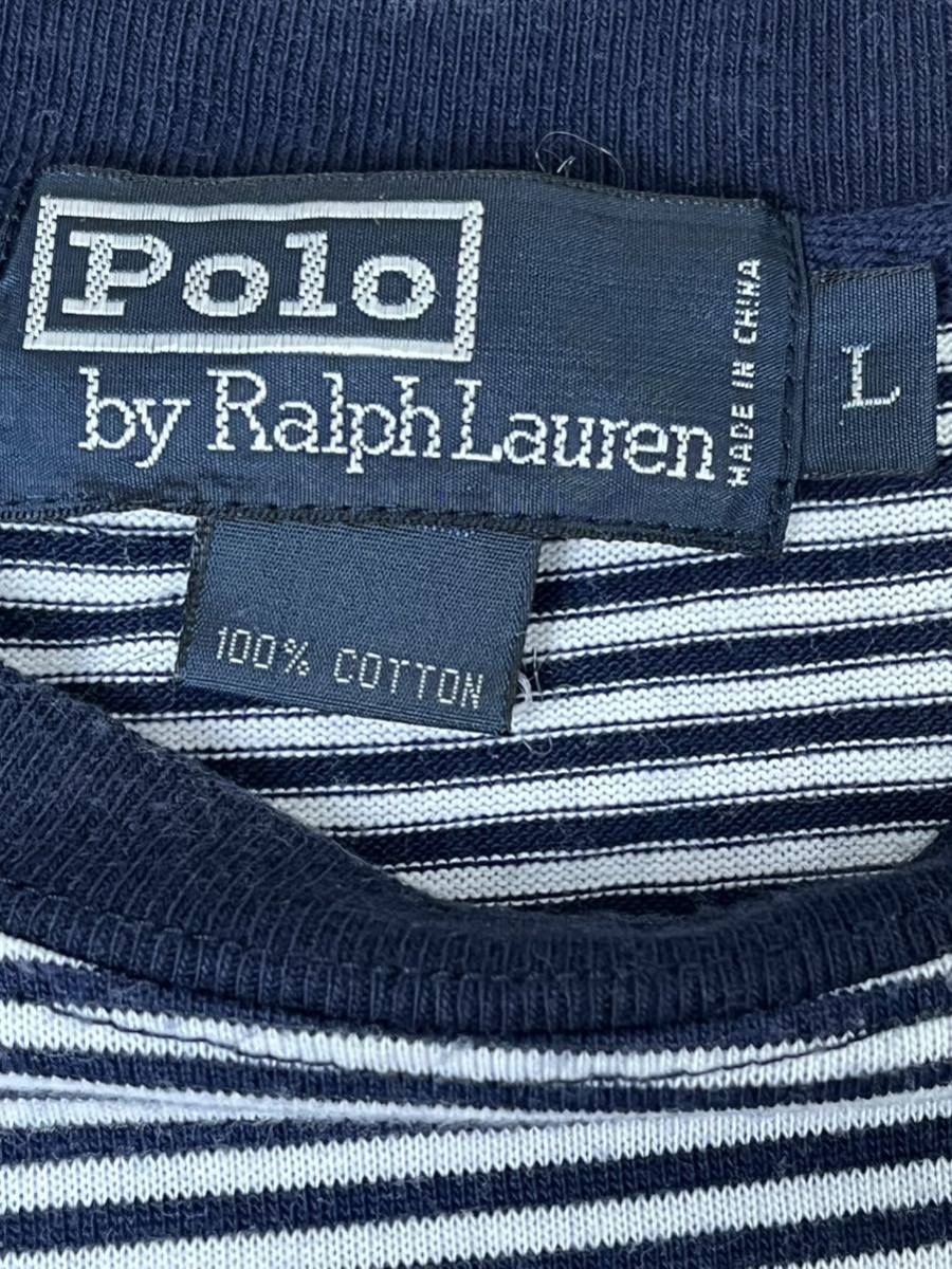 polo ralph lauren 半袖 Tシャツ ボーダー柄 ネイビー Lサイズ ポニー刺繍 ポケットt 古着_画像2