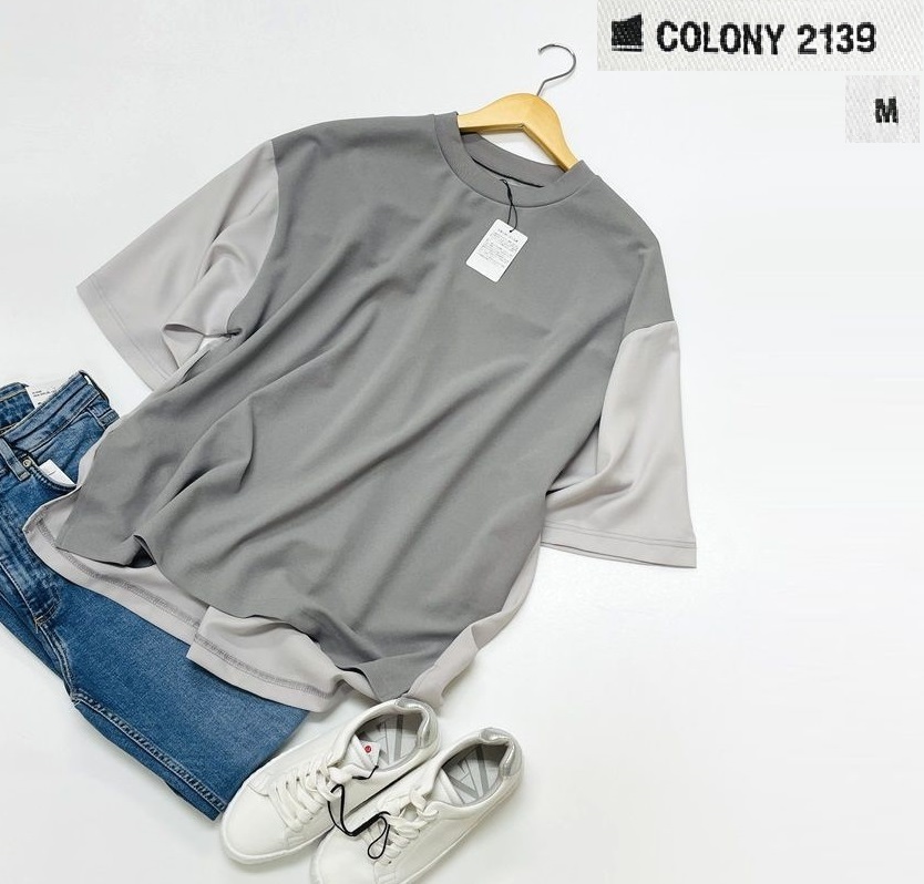 未使用品 /M/ COLONY2139 杢グレー 切替え半袖Tシャツ ジョーゼットメンズトップスオーバーサイズキレイめ コロニートゥーワンスリーナイン