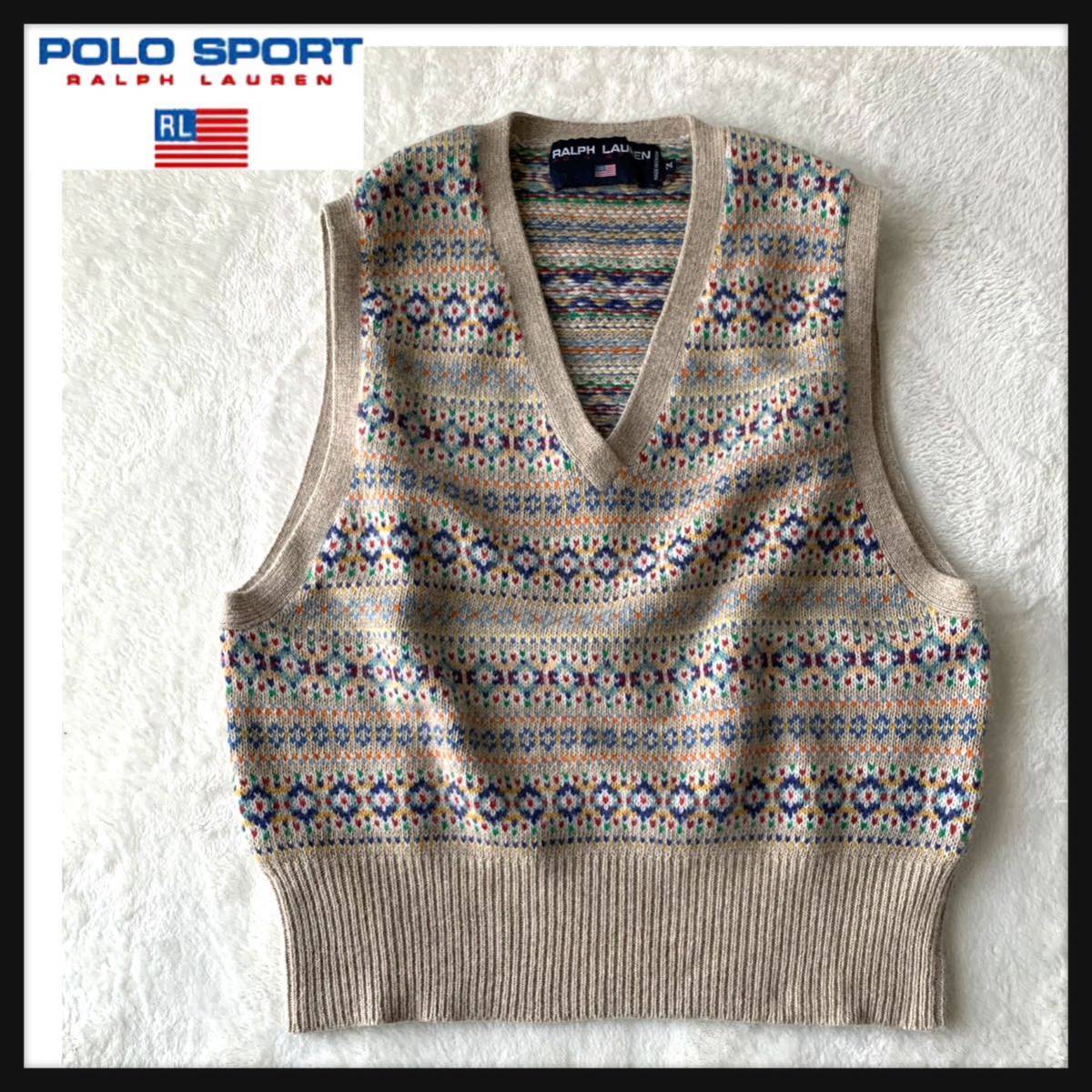 【希少】90s POLO SPORT RALPH LAUREN ポロ スポーツ ラルフローレン モヘア アンゴラ混 ニット ベスト フェアアイル ノルディック 総柄