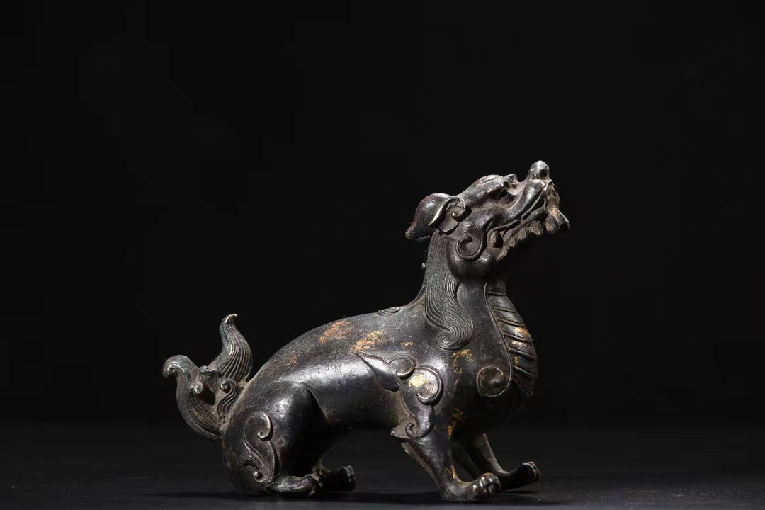 清・古銅拓金彫・貔貅・神獣・置物』極細工・骨董品・古賞物・中国古玩