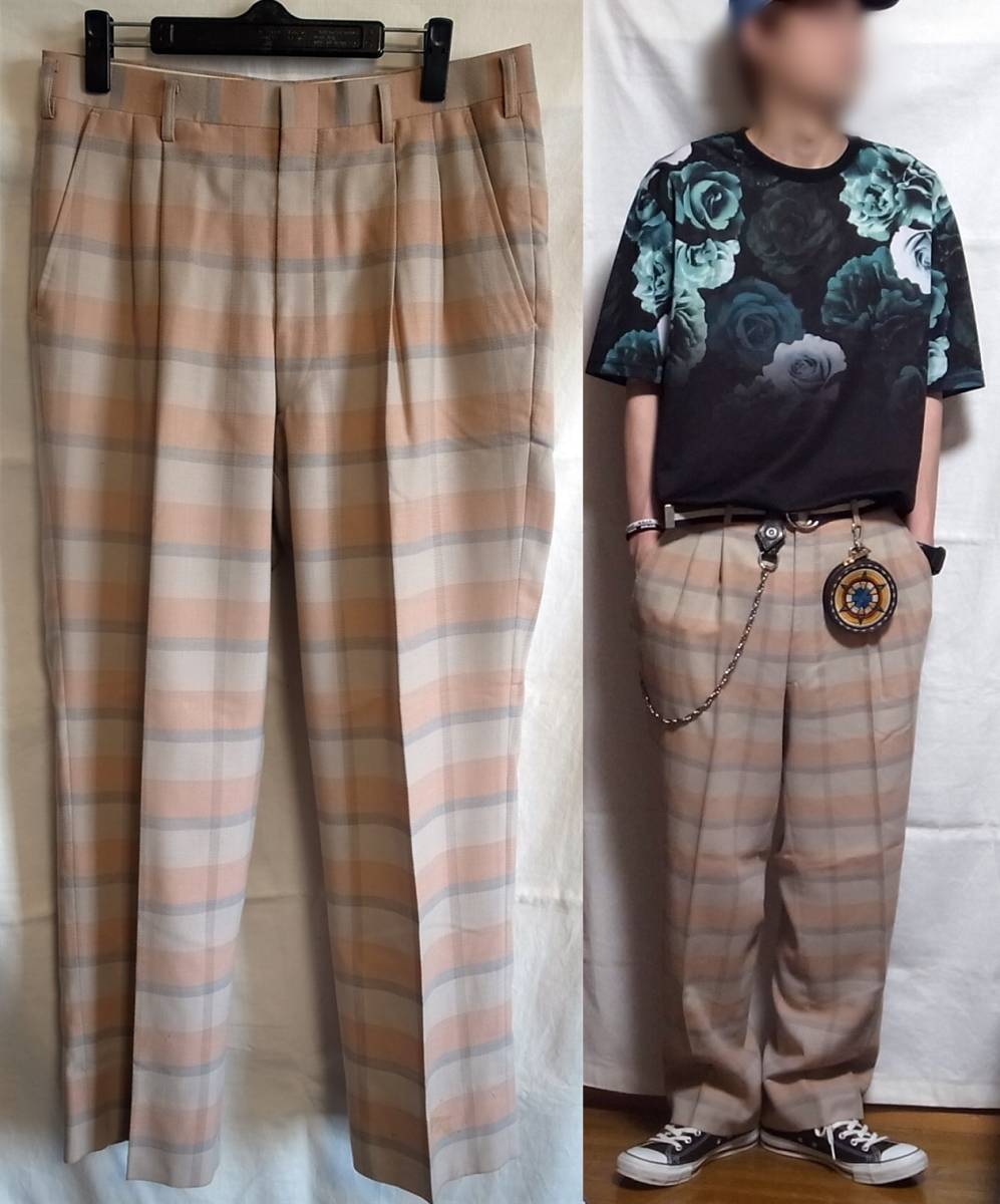 ☆即買&送料込み☆1点物古着 2タックチェックパンツ スラックス ワイドパンツ ヴィンテージ check pants vintage