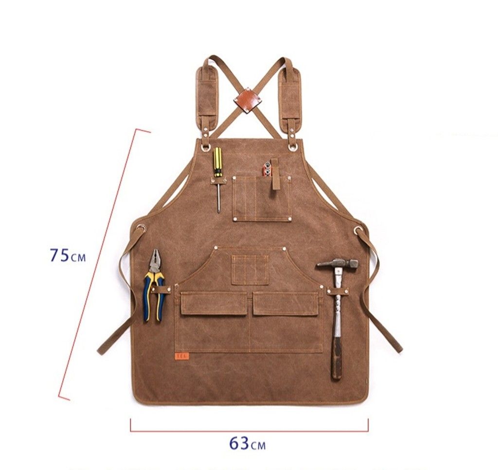 春セール!!エプロン 作業用 職人 ブラウン ガーデニング キャンバス生地 厚手 塗装 日曜大工 多機能 複数ポケット  