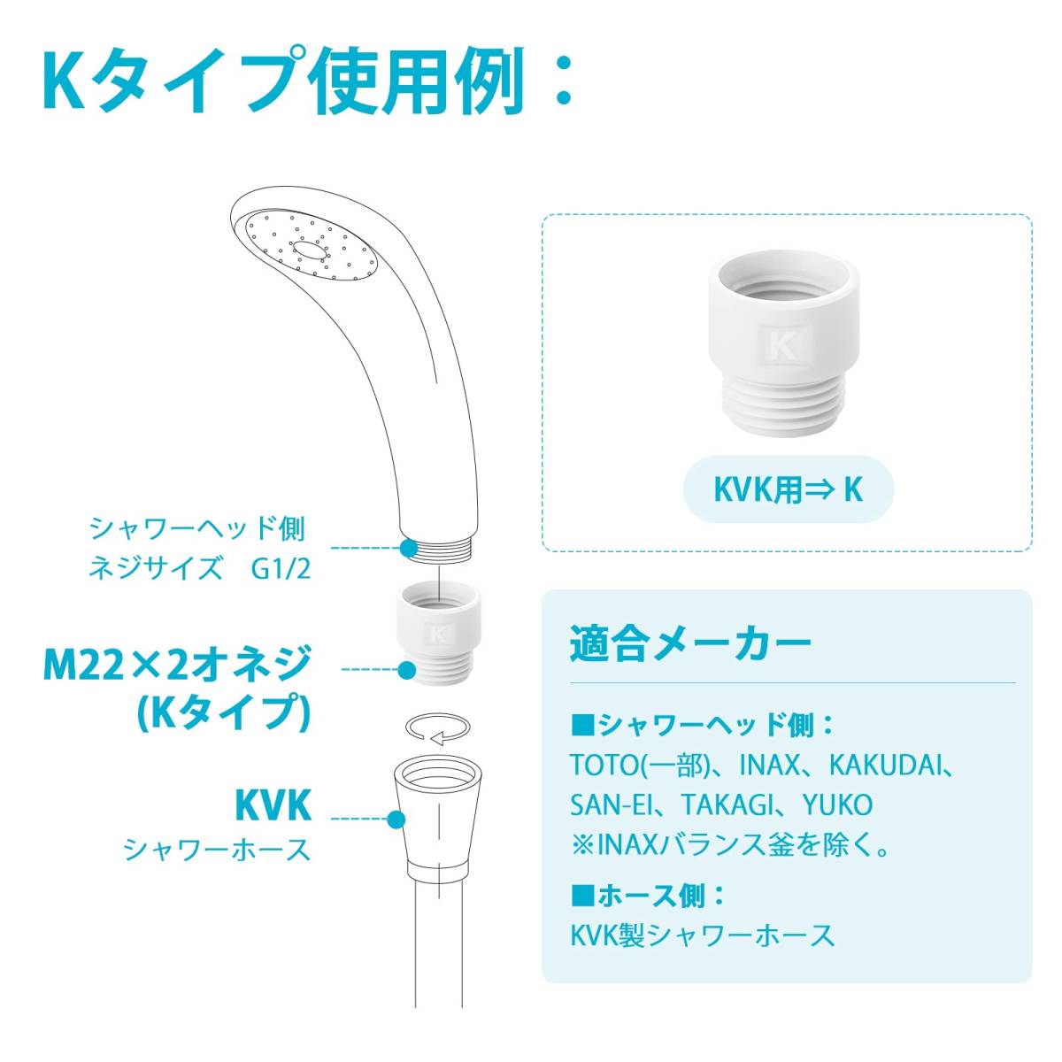 【ホワイト】シャワーヘッド用アダプターセット 4個セット KVK/MYM/東京ガスシャワーホースとシャワーヘッド間のアダプター 取付簡単_画像3