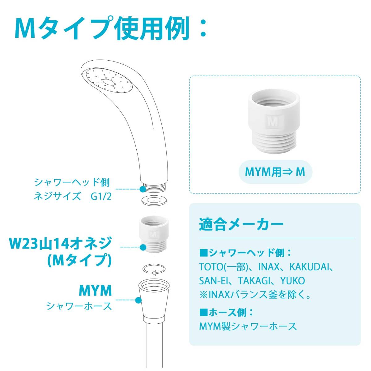 【ホワイト】シャワーヘッド用アダプターセット 4個セット KVK/MYM/東京ガスシャワーホースとシャワーヘッド間のアダプター 取付簡単_画像4