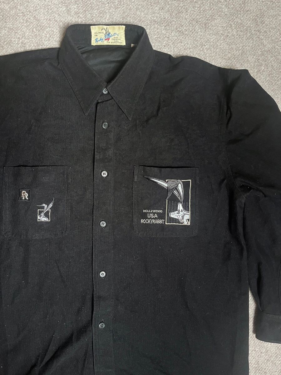 ヴィンテージ 90s HOLLYWOOD USA ロッキーラビット トップス 長袖 Yシャツ 刺繍 Mサイズ メンズ ブラック