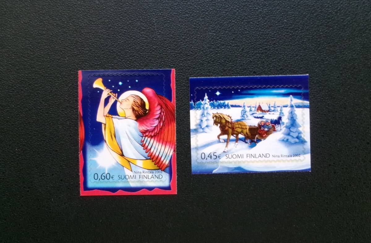 フィンランド発行 エンジェルやそりと教会などクリスマス切手 ２種完 ＮＨ 未使用_画像1